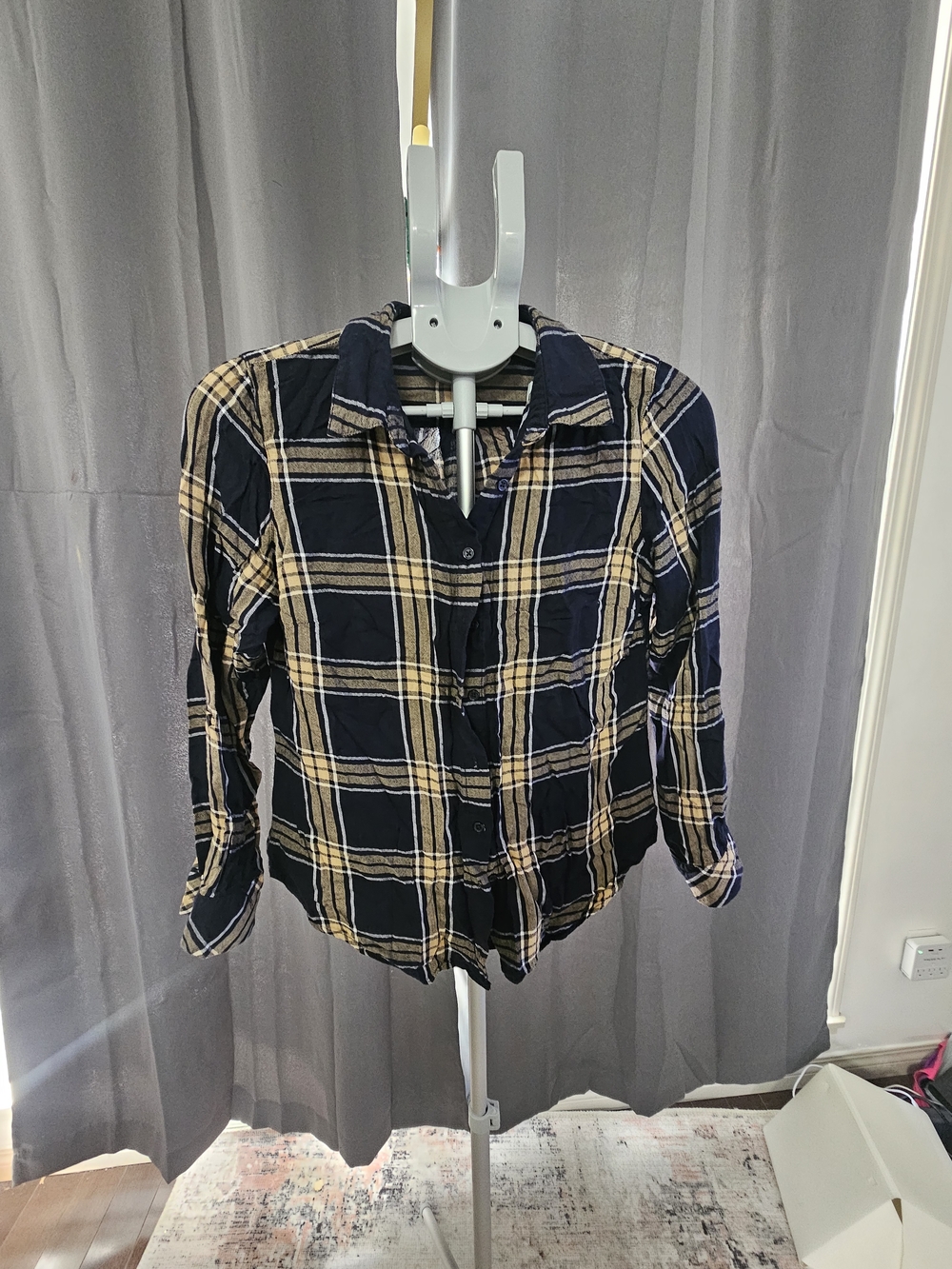 Womens Navy and Tan Plaid Button-Up Shirt